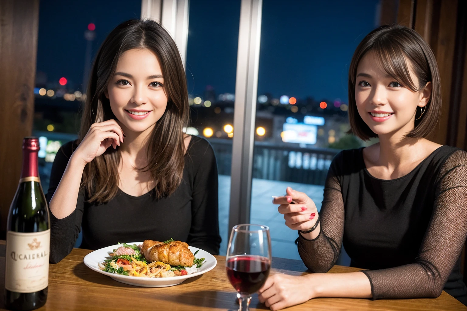 ((Highest quality、8K、masterpiece:1.3))、Sharp focus:1.2、Beautiful woman perfect body:1.4、最高のsmile、1 male 1 female、Beautiful couple、love love love、Lovers in Paris、Good friends、actressカップル、smile、Full-course dinner at a packed table、slimなボディ、((Bob Hale、Straight hair:1.2))、(to be born, Highest quality, masterpiece:1.5), (Realistic, Intricate details:1.2), テーブルにwine glass、Put the light on your face、 Amazing view of the sunset sky and clouds、Amazing mountain views、ニコニコ明るいsmile、smileの素敵な女性、Bright image、2. The beauty of wine, Beautiful Face, blue eyes, The light shines on your face, Blushing, short hair,Bright Face、Fox face、 (43 years old), 39 years old, Lady、red wine 、Appetizers、Italian food、Wine bottle、Champagne、sparkling wine、Two beauties、Brown Hair、Shortcuts、Long sleeve shirt、dress、Beautiful woman 1, (slimな顔), (The body is slim), (Brown Hair), (Shortcuts), cheeks turn a little red,Attractive beauty、, Out of the window, Beautiful and detailed night view.........., restaurant, In a prominent place (From the waist up) Nova Frog Style, actress, model, Upper Body, White wine, slim, wine glass, 真ん中に置かれたwine glass, smile, (smile: 1.15), Beautiful fine grain, Depth f/2,saturation, High Contrast, Strong light and shadow,Moist Body:1.5、3D texture、Delicate eyes、Brown Hair、The hair is very shiny、