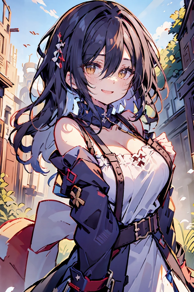 (masterpiece:1.2), (high quality:1.2), (hui xiyi:0.75), rekkyo sensen, rekkyou sensen, girls with((black hair, (tits cleavage:1.15), (waving is hands:1.2), (breasts close up:1.15), (suspenders:1.2), (dress:0.65), (blue clothes:1.05), (belts:0.7), (frills shirt:1.2), (white knit sweater:1.2), camisole, exposed breasts, straps, (long dress:1.1), (cross:1.05), (long wavy hair:1.2), (one side up:1.2), nun, long sleeves, (perfect hands:1.05), (five fingers:1.05))), background with((fantasy world, ruin, castle, beautiful sky, shining sky, sunshine))