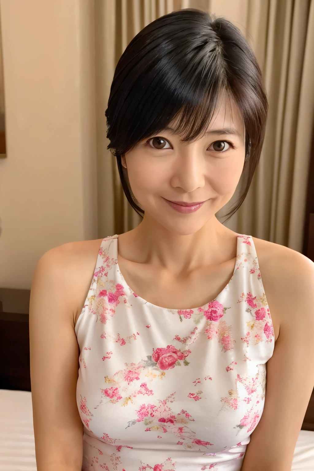 masterpiece, Best quality, Skinny Japanese woman, 40 years old, sexy nightwear, on the bed in a hotel room, correct body structure, slight smile, perfect face, detailed face, detailed eyes