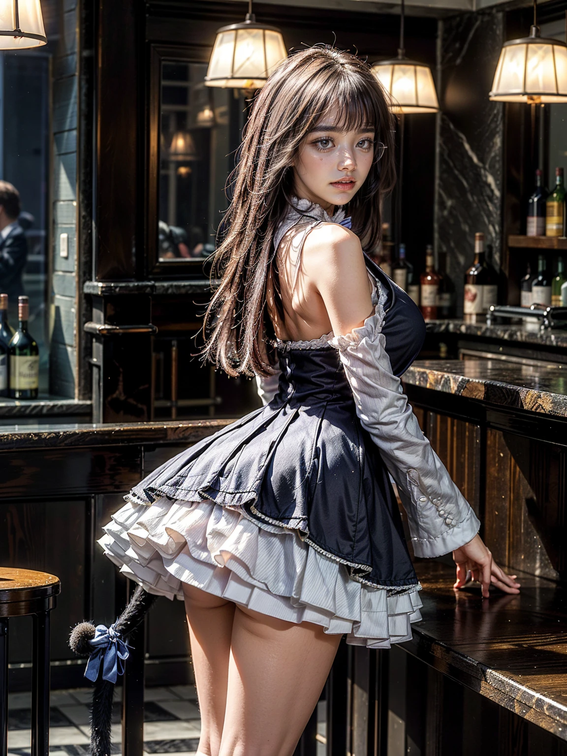 (1 lady), (Best quality at best:1.4), (ultra - detailed), (extremely detailed CG unified 16k), A Beautiful Woman with Perfect Figure: 1.4, Sharp Focus: 1.2, purple hair, very detailed, High-definition RAW color photo, professional photoshooting, amazing face and eyes, cosmetics, (amazingly beautiful girl), ((frederica bernkastel)), ((dress, bowtie, mary janes, socks, cat tail, tail bow, tail ornament)), standing, sexyposture，(Dark and stylish bar, drinks, lamp lights, lamp lights:1.3), (look from down), realistic cinematic face, head to feet long wide zoomed out view, full body long view, photorealistic, ((realistic natural purple hair style, purple eyes)), ((glasses with liquor floating around her)), gorgeous, extremely beautiful face, perfect model beauty, pout mouth, Highly Detailed Face and Skin Texture, Detailed Eyes, Double Eyelids, ???????????, Smile, ???????? smile, cleavages, western, (masterpiece), best quality, high resolution, extremely detailed, blurred background, depth of field, cinematic lighting, amazing legs, high heels, clear and well-cared skin, (((focus on the girl instead of background, girl occupies most of the picture))), ???????????, nice ???