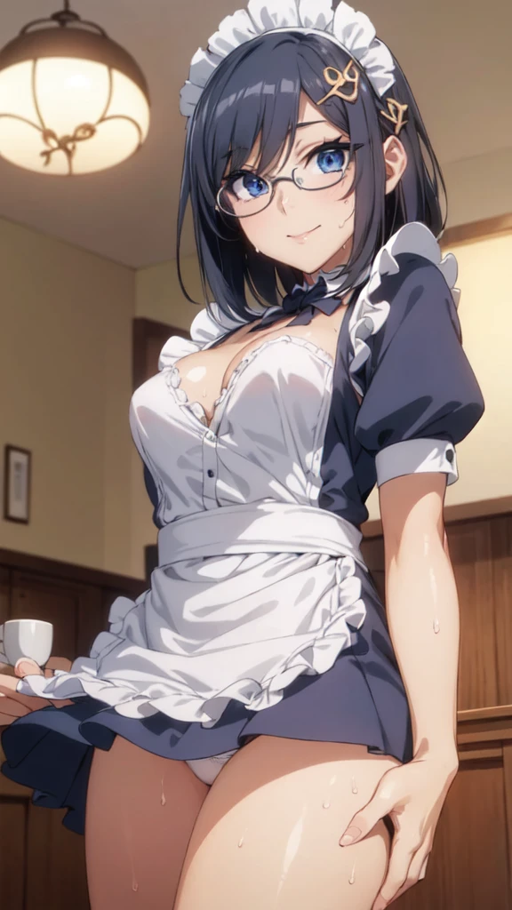 (From below:1.1),One Girl,18-year-old,(Perfect hands:1.3), Perfect Fingers,Perfect Anatomy, (masterpiece:1.4), Highest quality,Realistic, hyperRealistic, 16k hdr, morning, short hair,Put your arms behind your back,(Aesthetic Anime Eyes:1.4),Condescending eyes,Beautiful Eyes,(Beautiful female hands:1.3),Small hands,(Thin fingers:1.3), (Navy Blue Hair), blue eyes, Glasses,Something like that, Cafe,Are standing,(Sweat:1.3),(smile:1.2),Big Breasts,Cleavage,(Sexy maid outfit,Head ornament:1.2),Ultra mini skirt,Frills,Sexy maid outfit,White panties,raise one leg slightly,