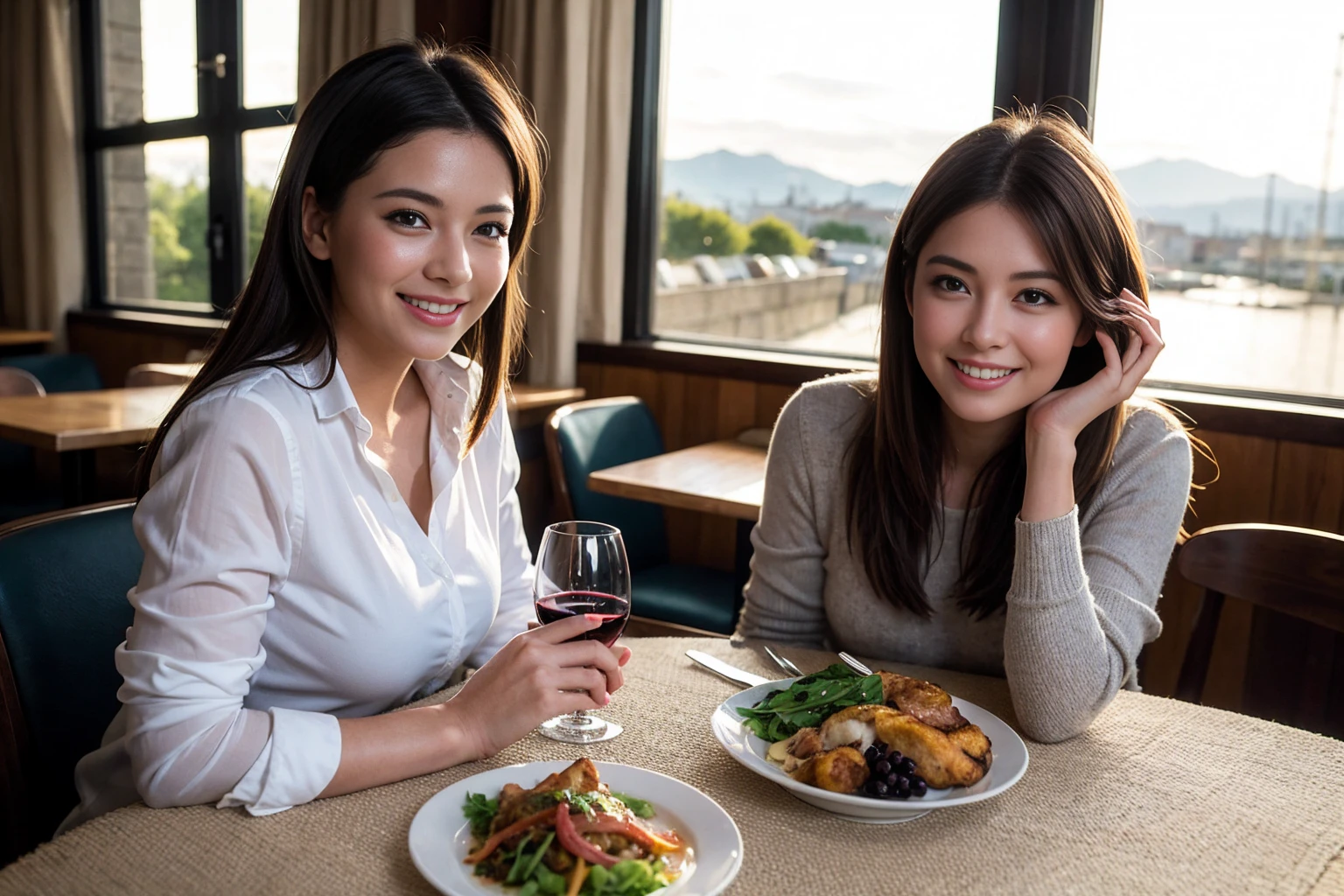 ((Highest quality、8K、masterpiece:1.3))、Sharp focus:1.2、Beautiful woman perfect body:1.4、最高のsmile、1 male 1 female、Beautiful couple、love love love、Lovers in Paris、Good friends、actressカップル、smile、Full-course dinner at a packed table、slimなボディ、((Bob Hale、Straight hair:1.2))、(to be born, Highest quality, masterpiece:1.5), (Realistic, Intricate details:1.2), テーブルにwine glass、Put the light on your face、 Amazing view of the sunset sky and clouds、Amazing mountain views、ニコニコ明るいsmile、smileの素敵な女性、Bright image、2. The beauty of wine, Beautiful Face, blue eyes, The light shines on your face, Blushing, short hair,Bright Face、Fox face、 (43 years old), 39 years old, Lady、red wine 、Appetizers、Italian food、Wine bottle、Champagne、sparkling wine、Two beauties、Brown Hair、Shortcuts、Long sleeve shirt、dress、Beautiful woman 1, (slimな顔), (The body is slim), (Brown Hair), (Shortcuts), cheeks turn a little red,Attractive beauty、, Out of the window, Beautiful and detailed night view.........., restaurant, In a prominent place (From the waist up) Nova Frog Style, actress, model, Upper Body, White wine, slim, wine glass, 真ん中に置かれたwine glass, smile, (smile: 1.15), Beautiful fine grain, Depth f/2,saturation, High Contrast, Strong light and shadow,Moist Body:1.5、3D texture、Delicate eyes、Brown Hair、The hair is very shiny、