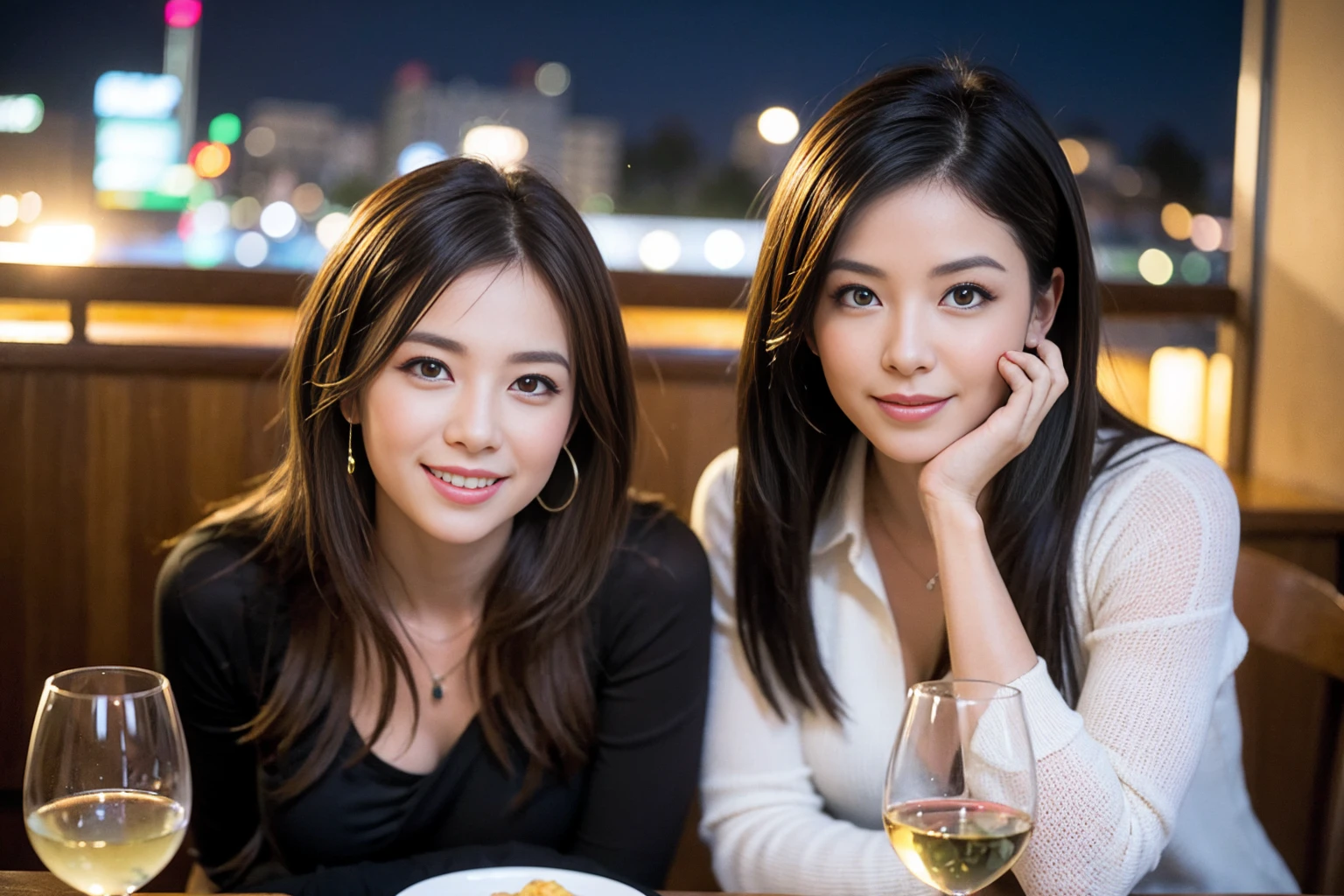 ((Highest quality、8K、masterpiece:1.3))、Sharp focus:1.2、Beautiful woman perfect body:1.4、最高のsmile、1 male 1 female、Beautiful couple、love love love、Lovers in Paris、Good friends、actressカップル、smile、Full-course dinner at a packed table、slimなボディ、((Bob Hale、Straight hair:1.2))、(to be born, Highest quality, masterpiece:1.5), (Realistic, Intricate details:1.2), テーブルにwine glass、Put the light on your face、 Amazing view of the sunset sky and clouds、Amazing mountain views、ニコニコ明るいsmile、smileの素敵な女性、Bright image、2. The beauty of wine, Beautiful Face, blue eyes, The light shines on your face, Blushing, short hair,Bright Face、Fox face、 (43 years old), 39 years old, Lady、red wine 、Appetizers、Italian food、Wine bottle、Champagne、sparkling wine、Two beauties、Brown Hair、Shortcuts、Long sleeve shirt、dress、Beautiful woman 1, (slimな顔), (The body is slim), (Brown Hair), (Shortcuts), cheeks turn a little red,Attractive beauty、, Out of the window, Beautiful and detailed night view.........., restaurant, In a prominent place (From the waist up) Nova Frog Style, actress, model, Upper Body, White wine, slim, wine glass, 真ん中に置かれたwine glass, smile, (smile: 1.15), Beautiful fine grain, Depth f/2,saturation, High Contrast, Strong light and shadow,Moist Body:1.5、3D texture、Delicate eyes、Brown Hair、The hair is very shiny、