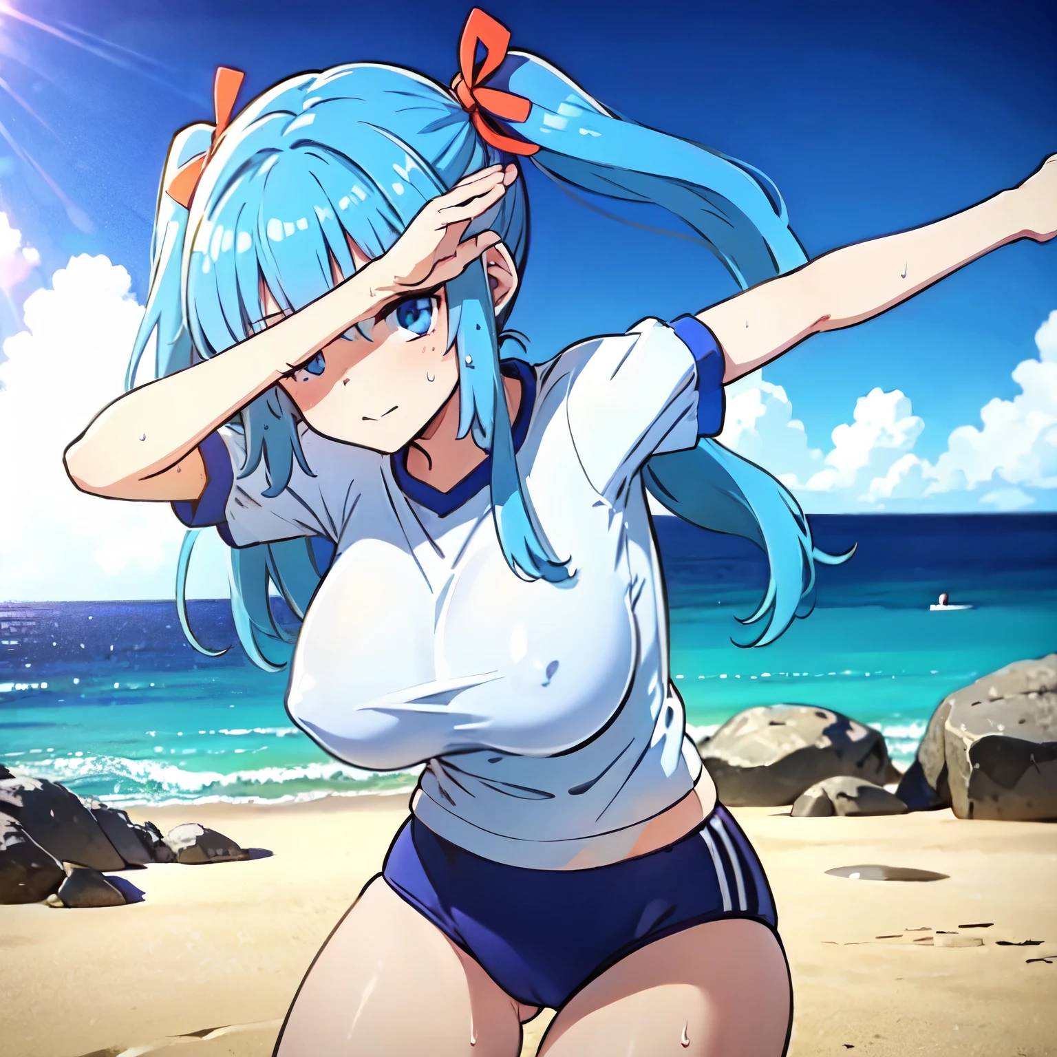 ((Highest quality)), ((masterpiece)), (detailed), Perfect Face, Perfect Arms, anime, Ultra-fine illustration, ((One girl)), blue hair blue eyes, Twin tails, Blue hair ribbon, (Sweat:1.2), (Big Breasts:1.4), ((White short-sleeved gym uniform)), brm, looking at the camera, cowboy shot, Ocean, Sandy Beach, blue sky, sun, noon, field, ((dabdance)) 