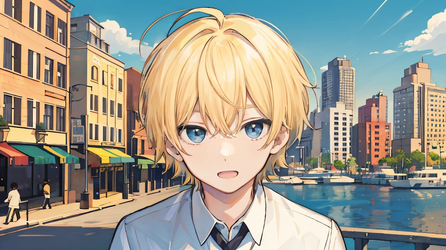 1 boy, blonde hair, Cute face, summer city background