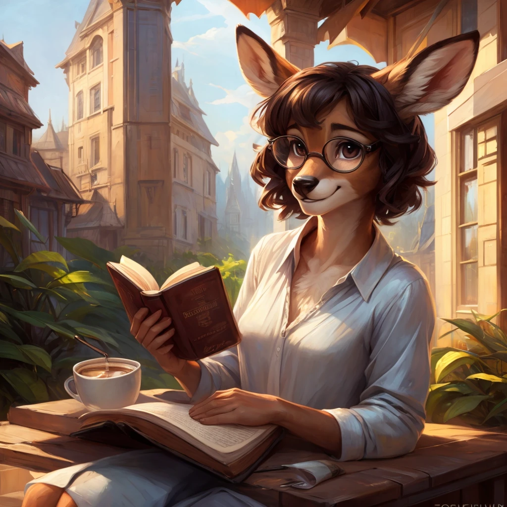 uploaded on e621, by Pixelsketcher, by Bayard Wu, by Thomas Benjamin Kennington , by Einshelm, by hioshiru and kenket, Chunie, portrait, solo anthro female deer doe, tiny featureless breasts, tiny breasts, clear dark blue, cinematic lighting, day, sunny day, sitting outside at a café, café background, french background, old french background, shiny, short curly dark brown hair, short hair, wears big black nerd glasses, very very beautiful furry art, furry art, thoughtful, shiny, feminine, cute face, muzzle, fluffy chest, flawless face, Fallow deer, 1girl, Sakimichan is beautiful, Masterpiece, Wavethesallow Face, shiny, Detailed image, portrait, Detailed image, portrait, wears pure white wide, big blouse, wears beige summer straw hat, shiny, realistic face, perfect anatomy, hourglass body, anthropomorphic deer, happy, very happy, small ears, huge black nerd glasses, wide happy eyes, look at viewer, smiles, big smile, holds with both hands a cup of coffee, hourglass body, (furry body:1.1), anthropomorphic deer, reading a book, small fluffy tail, detailed background, (cute anatomy:1.1), looks into the distance