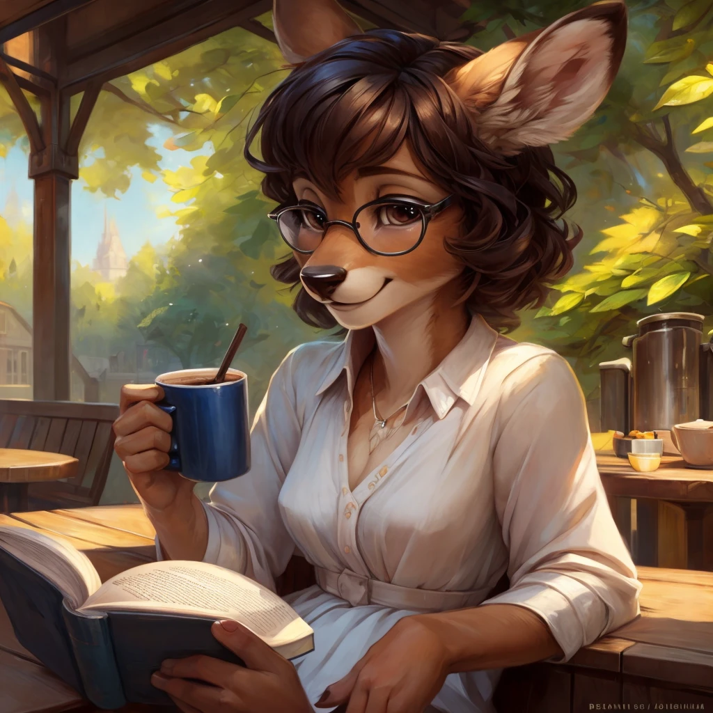 uploaded on e621, by Pixelsketcher, by Bayard Wu, by Thomas Benjamin Kennington , by Einshelm, by hioshiru and kenket, Chunie, portrait, solo anthro female deer doe, tiny featureless breasts, tiny breasts, clear dark blue, cinematic lighting, day, sunny day, sitting outside at a café, café background, french background, old french background, shiny, short curly dark brown hair, short hair, wears big black nerd glasses, very very beautiful furry art, furry art, thoughtful, shiny, feminine, cute face, muzzle, fluffy chest, flawless face, Fallow deer, 1girl, Sakimichan is beautiful, Masterpiece, Wavethesallow Face, shiny, Detailed image, portrait, Detailed image, portrait, wears pure white wide, big blouse, wears beige summer straw hat, shiny, realistic face, perfect anatomy, hourglass body, anthropomorphic deer, happy, very happy, small ears, huge black nerd glasses, wide happy eyes, look at viewer, smiles, big smile, holds with both hands a cup of coffee, hourglass body, (furry body:1.1), anthropomorphic deer, reading a book, small fluffy tail, detailed background, (cute anatomy:1.1), looks into the distance