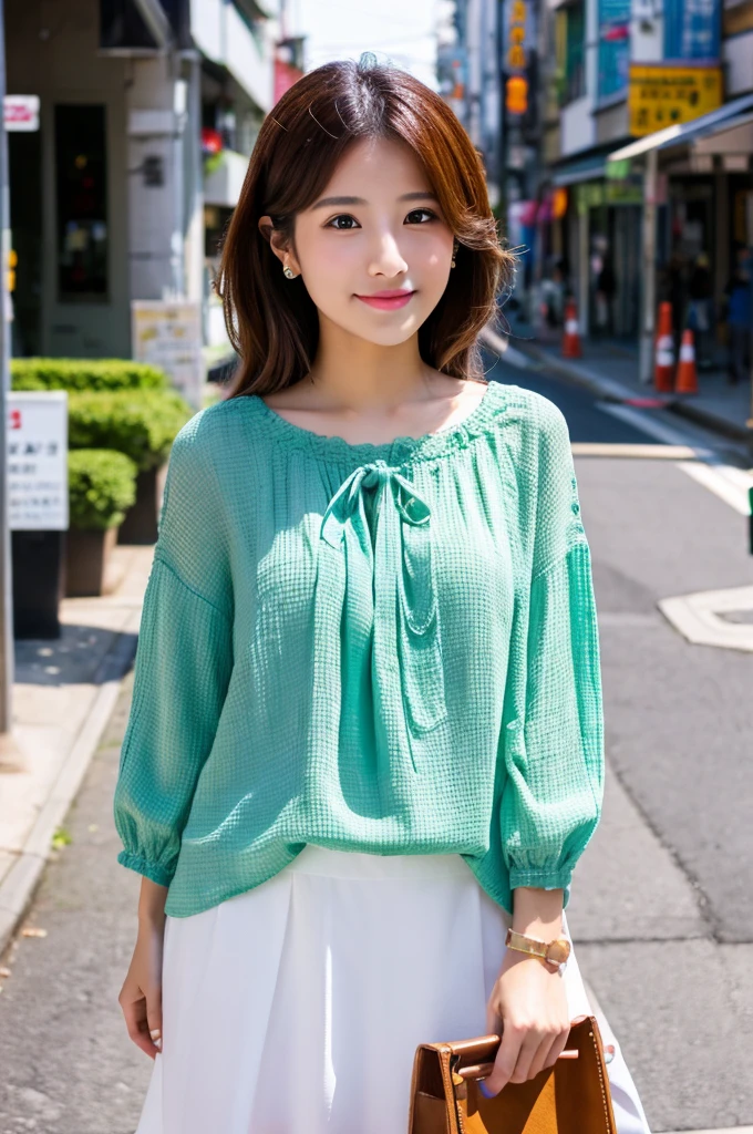 ((Highest quality)), ((masterpiece)), (detailed), Japanese,Street Corner,Beauty,OL,cute,blouse