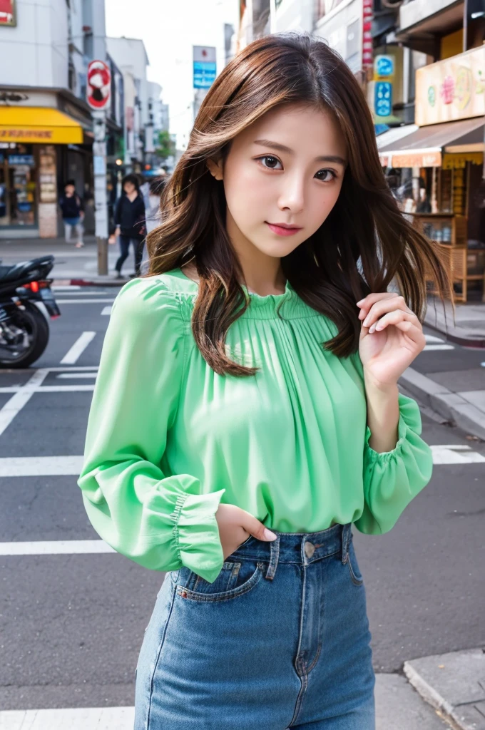 ((Highest quality)), ((masterpiece)), (detailed), Japanese,Street Corner,Beauty,OL,cute,blouse