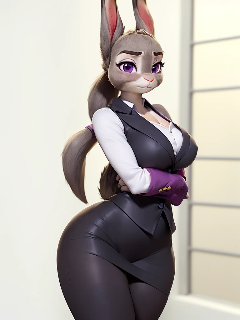 best quality,
masterpiece,
3D anime,
(((solo))),
(((1girl))),
(((Face is JudyHopps))),
(long ears like a rabbit:0.8),
Heir is in a ((ponytail)) style,
bang is feather ((bangs)),
((Her eyes color is purple)),
6.5 head and body,
office suit,
office business suit outfit
 ((office lady)),
 ((white blouse)) unbuttoned,
The lower body is wearing a skirt,
ears are drooping,
Navel exposed,
(outfit is made of wool:1.4),
((body is made of wool fabric)),
((body is gray with fluffy and fluffy)),
((skin is wool fabric with fluffy and fluffy)),
((She is blushing in the cheeks)),
looking embarrassed,
((troubled expression)),

clavicle is emphasized,
clavicle is emphasized