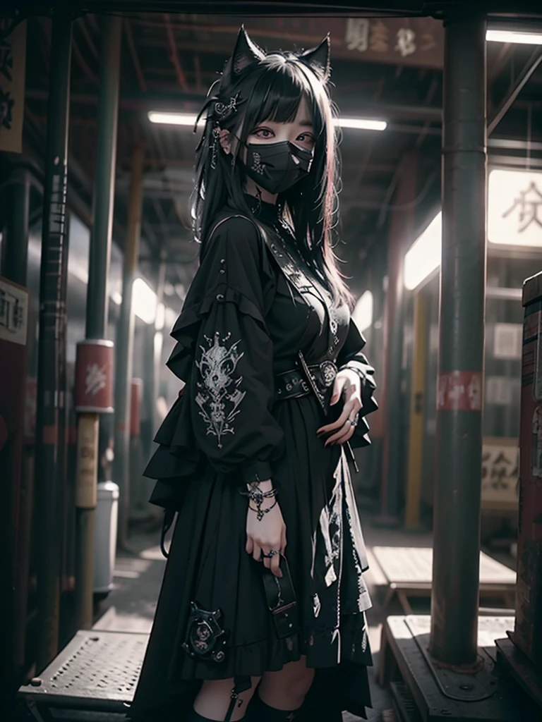 Highest quality、8K、masterpiece:1.3、Gothic Punk、The inside color is red、Black-haired、hair ornaments、Beautiful girl、creative、Dark Fantasy Style、Neogoth、Goth Fashion:1.2、High resolution、masterpiece、Highest quality、頭w:1.3、((Hasselblad Photos))、Fine skin、Sharp focus、(Cinematic lighting)、Realistic textured hair、((Black Mask)),Esbian all over、((View from below))