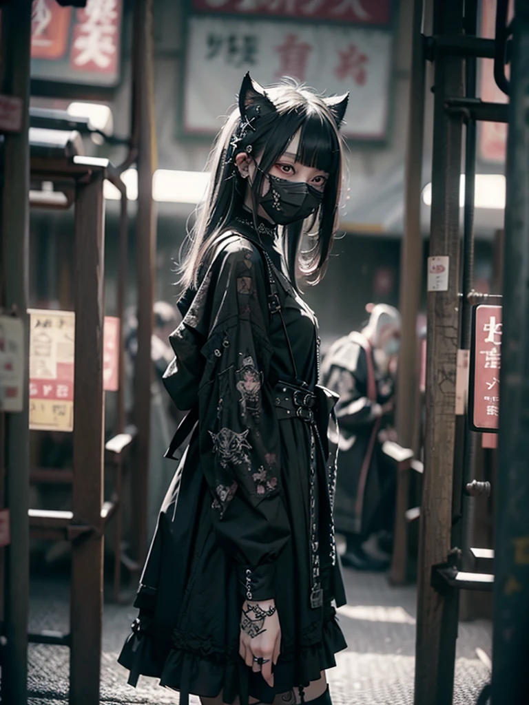 Highest quality、8K、masterpiece：1.3、Gothic Punk、The inside color is red、Black-haired、hair ornaments、Beautiful girl、creative、Dark Fantasy Style、Neogoth、Goth Fashion：1.2、High resolution、masterpiece、Highest quality、頭w:1.3、((Hasselblad Photos))、Fine skin、Sharp focus、(Cinematic lighting)、Realistic textured hair、((Black Mask)),Esbian all over、((View from below))