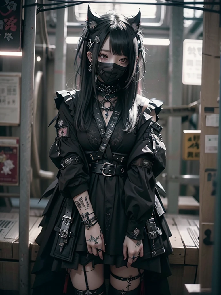 Highest quality、8K、masterpiece：1.3、Gothic Punk、The inside color is red、Black-haired、hair ornaments、Beautiful girl、creative、Dark Fantasy Style、Neogoth、Goth Fashion：1.2、High resolution、masterpiece、Highest quality、頭w:1.3、((Hasselblad Photos))、Fine skin、Sharp focus、(Cinematic lighting)、Realistic textured hair、((Black Mask)),Esbian all over、((View from below))