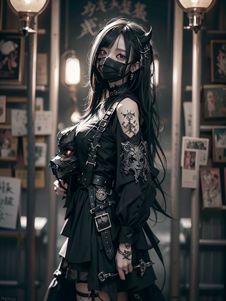 Highest quality、8K、masterpiece：1.3、Gothic Punk、The inside color is red、Black-haired、hair ornaments、Beautiful girl、creative、Dark Fantasy Style、Neogoth、Goth Fashion：1.2、High resolution、masterpiece、Highest quality、頭w:1.3、((Hasselblad Photos))、Fine skin、Sharp focus、(Cinematic lighting)、Realistic textured hair、((Black Mask)),Esbian all over、((View from below))
