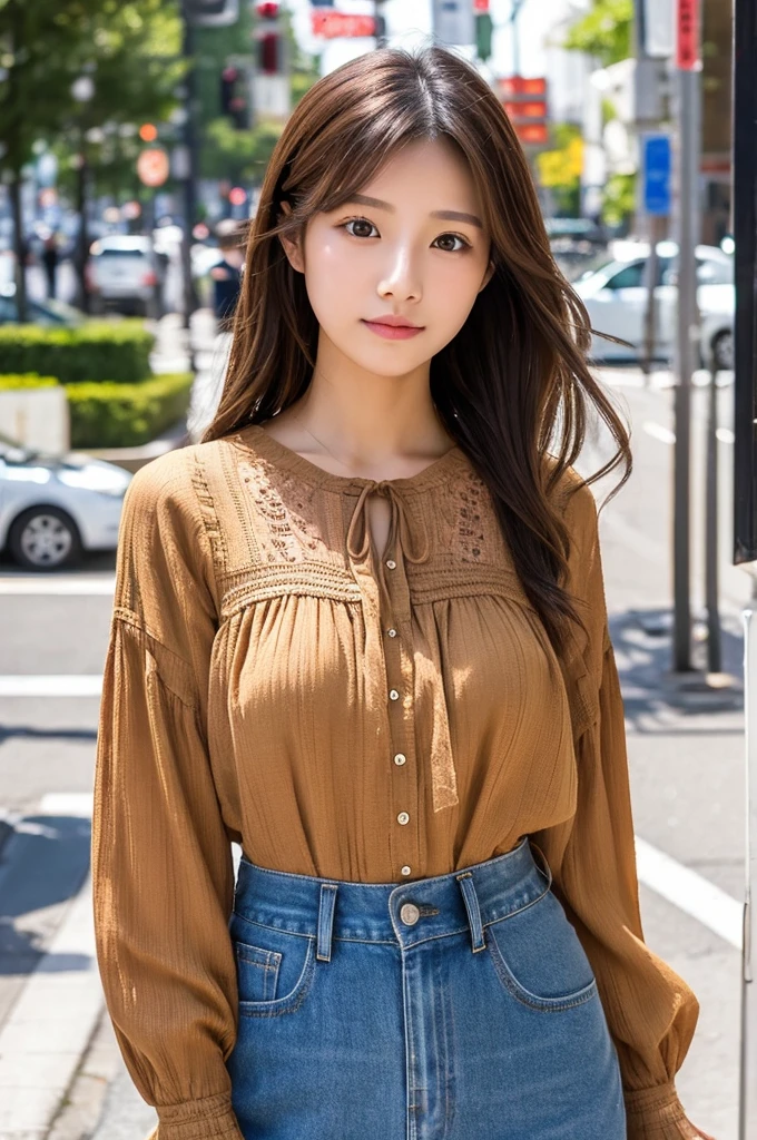 ((Highest quality)), ((masterpiece)), (detailed), Japanese,Street Corner,Beauty,OL,cute,blouse