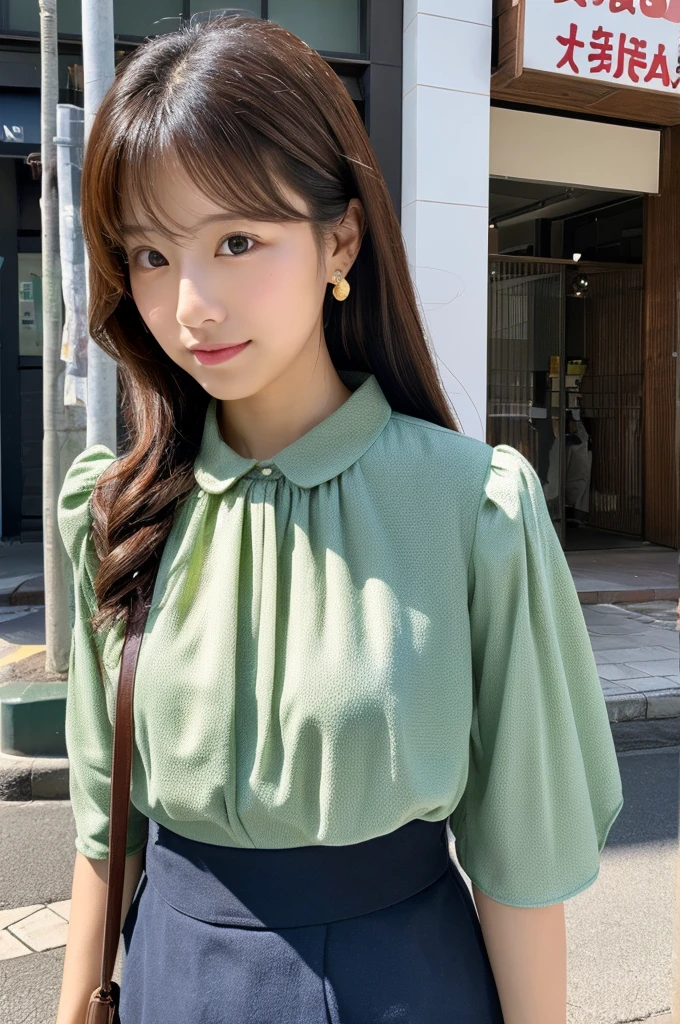 ((Highest quality)), ((masterpiece)), (detailed), Japanese,Street Corner,Beauty,OL,cute,blouse