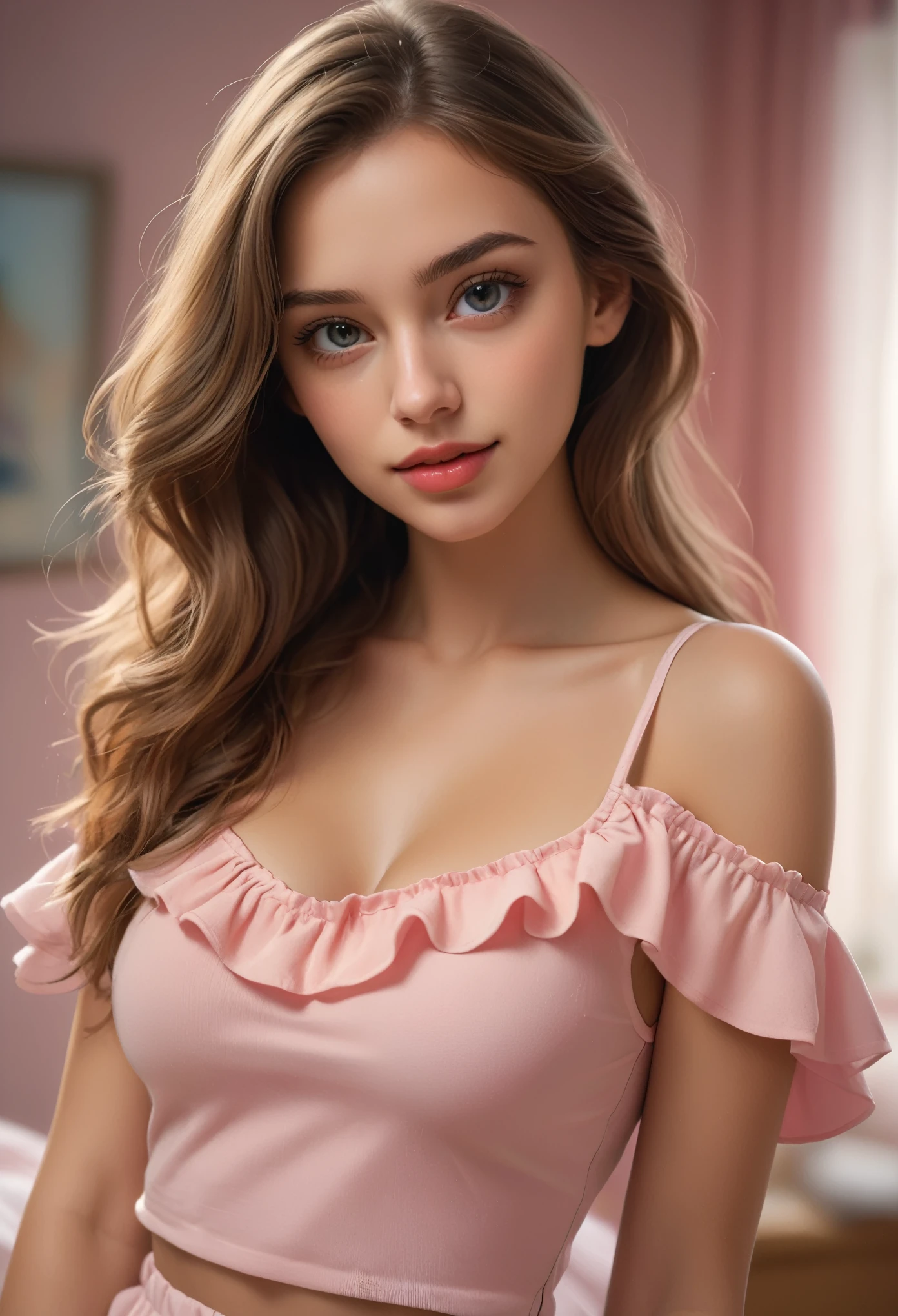 a young european woman, beautiful detailed eyes, beautiful detailed lips, extremely detailed eyes and face, long eyelashes, wavy hair, sexy happy sensual expression, wearing ruffled shoulder top, slitted skirt, pastel colored outfit, standing in bedroom, facing viewer, (best quality,4k,8k,highres,masterpiece:1.2),ultra-detailed,(realistic,photorealistic,photo-realistic:1.37),HDR,UHD,studio lighting,ultra-fine painting,sharp focus,physically-based rendering,extreme detail description,professional,vivid colors,bokeh,portrait