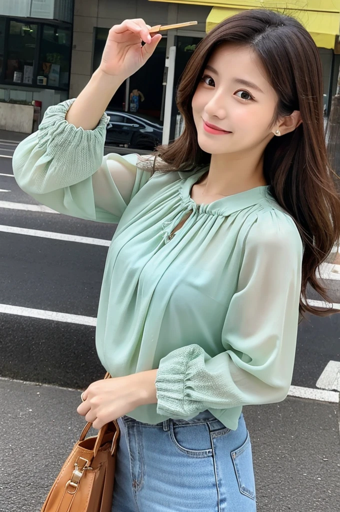 ((Highest quality)), ((masterpiece)), (detailed), Japanese,Street Corner,Beauty,OL,cute,blouse