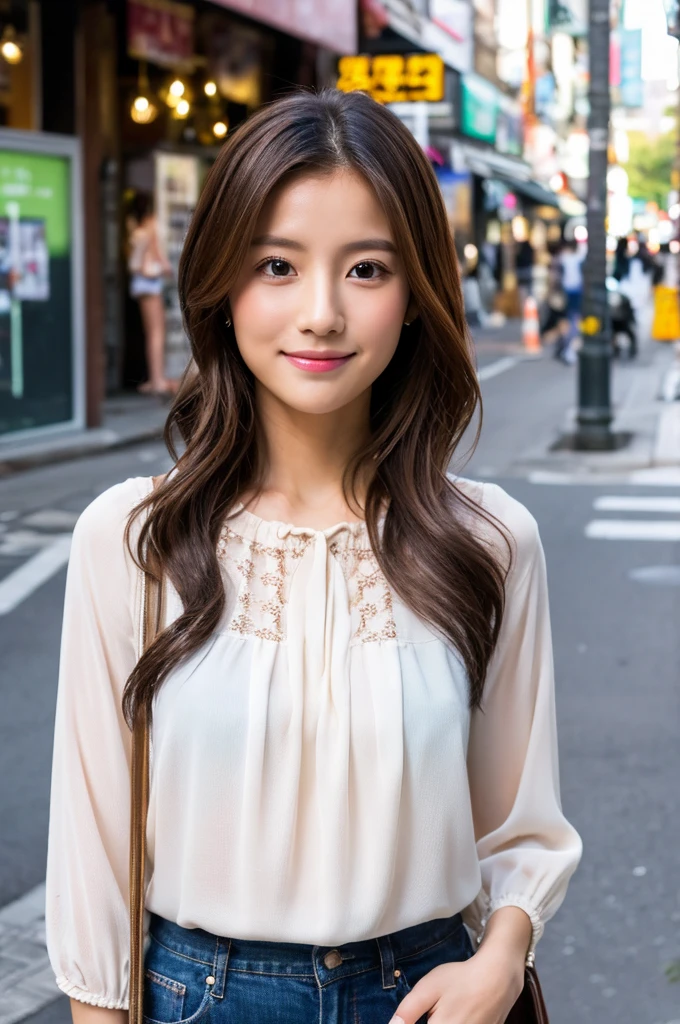 ((Highest quality)), ((masterpiece)), (detailed), Japanese,Street Corner,Beauty,OL,cute,blouse