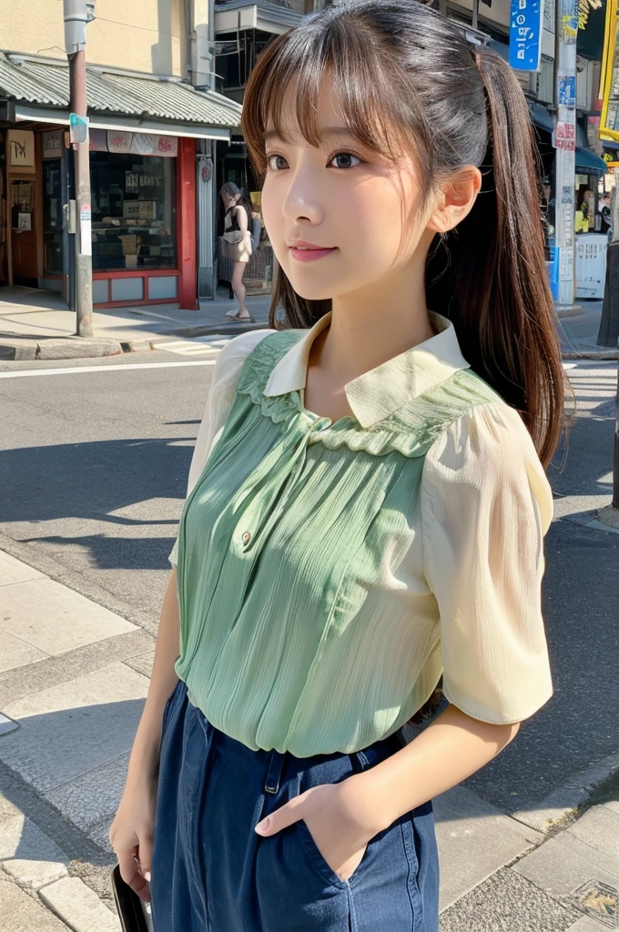 (1girl:1.3), solo, _ Kim Ji-ni Jennie face, wearing a green vest, short, light green shorts, sexy, cute, white socks, white wall, full body photo, looking at the audience, world-weary face, indifferent eyes, Korean style photo photos, photography lights, strong contrast, sunlight on the face,