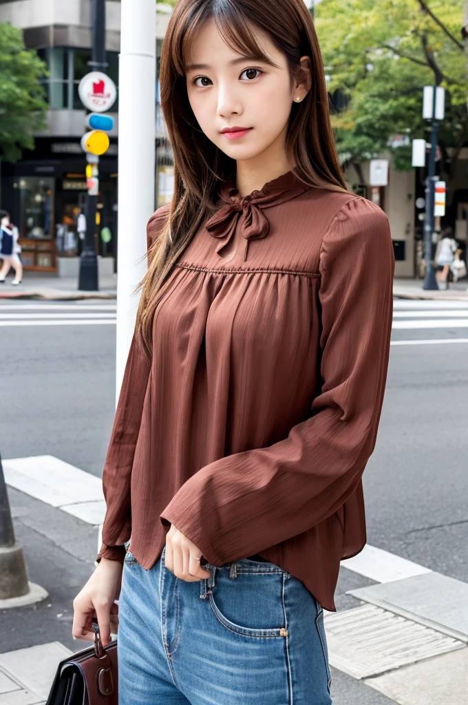 ((Highest quality)), ((masterpiece)), (detailed), Japanese,Street Corner,Beauty,OL,cute,blouse
