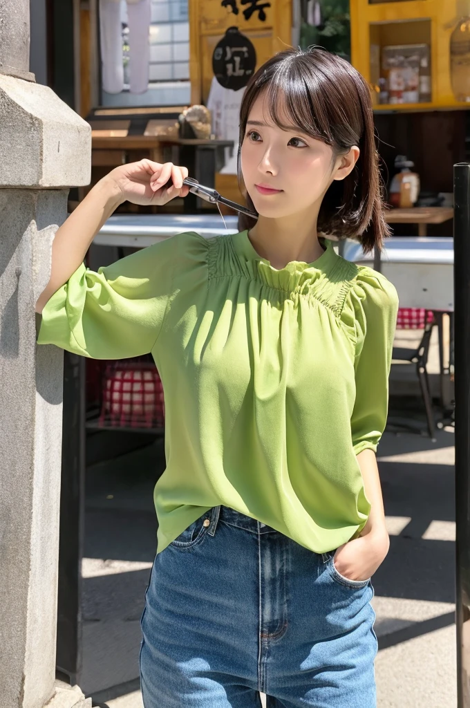 ((Highest quality)), ((masterpiece)), (detailed), Japanese,Street Corner,Beauty,OL,cute,blouse