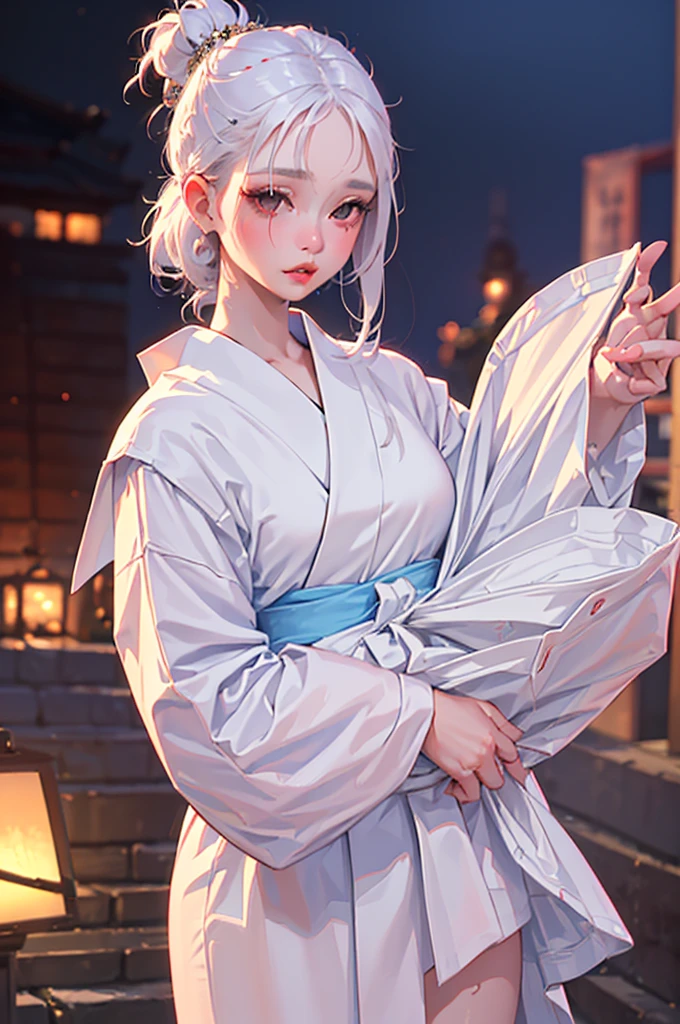 (best quality)), ((masterpiece)), (Very detailed: 1.3),{(Japanese young girl)}, White Theme, (Wear scarlet hakama:1.2), Wear anime witch costume,Ultra HD 16k,White hair, Red iris, Big, bright black eyes, Long eyelashes, Small, pale natural lips, (Average face of Japanese idol), (日本人特有的baby face:1.3), (baby face), Wide forehead:1.2, Plump cheeks, Small chin, Lateral breasts are pronounced,Looking at the audience,Focus on the eyes, (Perfect four fingers, 1 thumb), Extra large breasts，Great body，Gcup