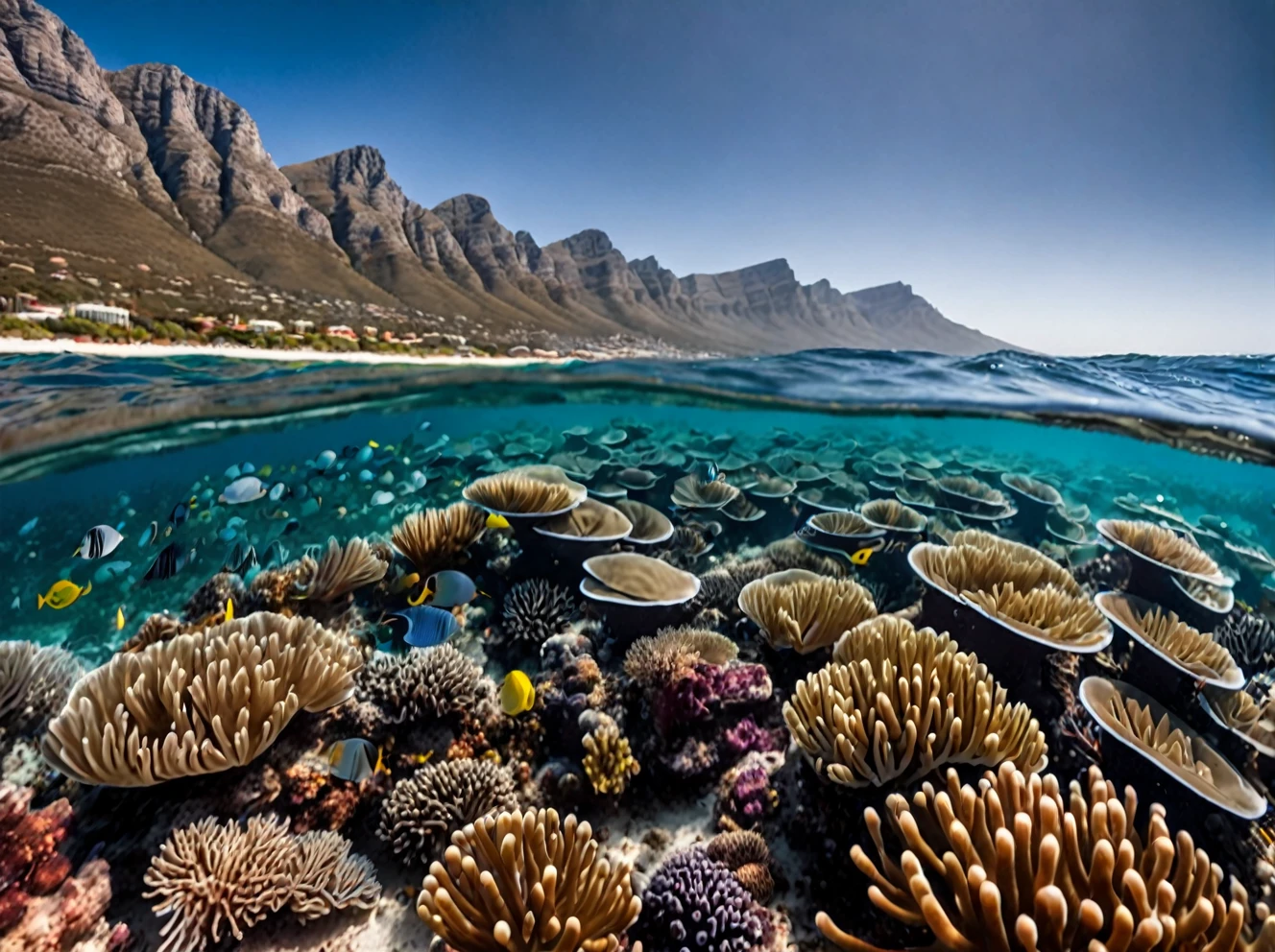 photo of marine life in the sea, south africa coast, outdoors, in the ocean, realistic scenery. very wide shot, landscape, film, professional, 4k