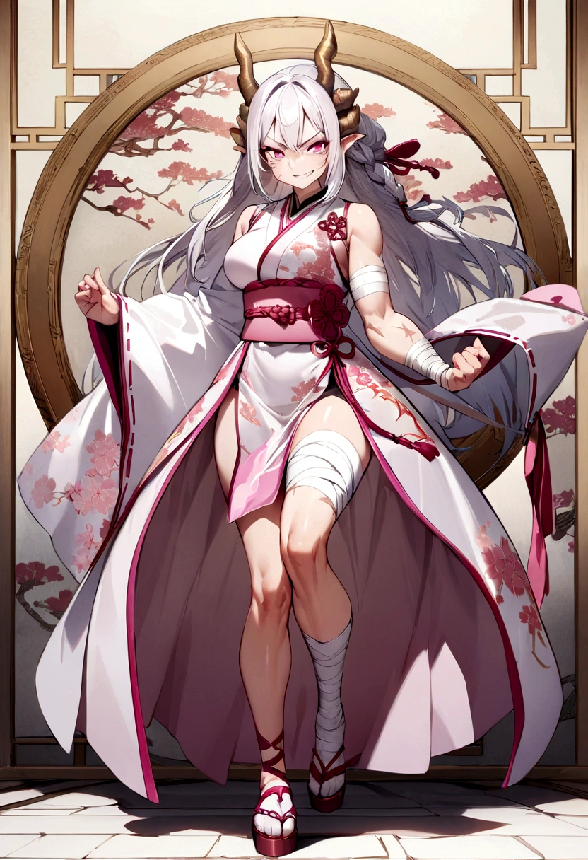 high quality, masterpiece, 1girl, cherry blossom dragon design, muscles, white shiny hair, dragon horns, pink eyes, braid on the right side, cherry blossom clothes, angry smile, scar on right cheek, bandages on the arms, full body, pink belt