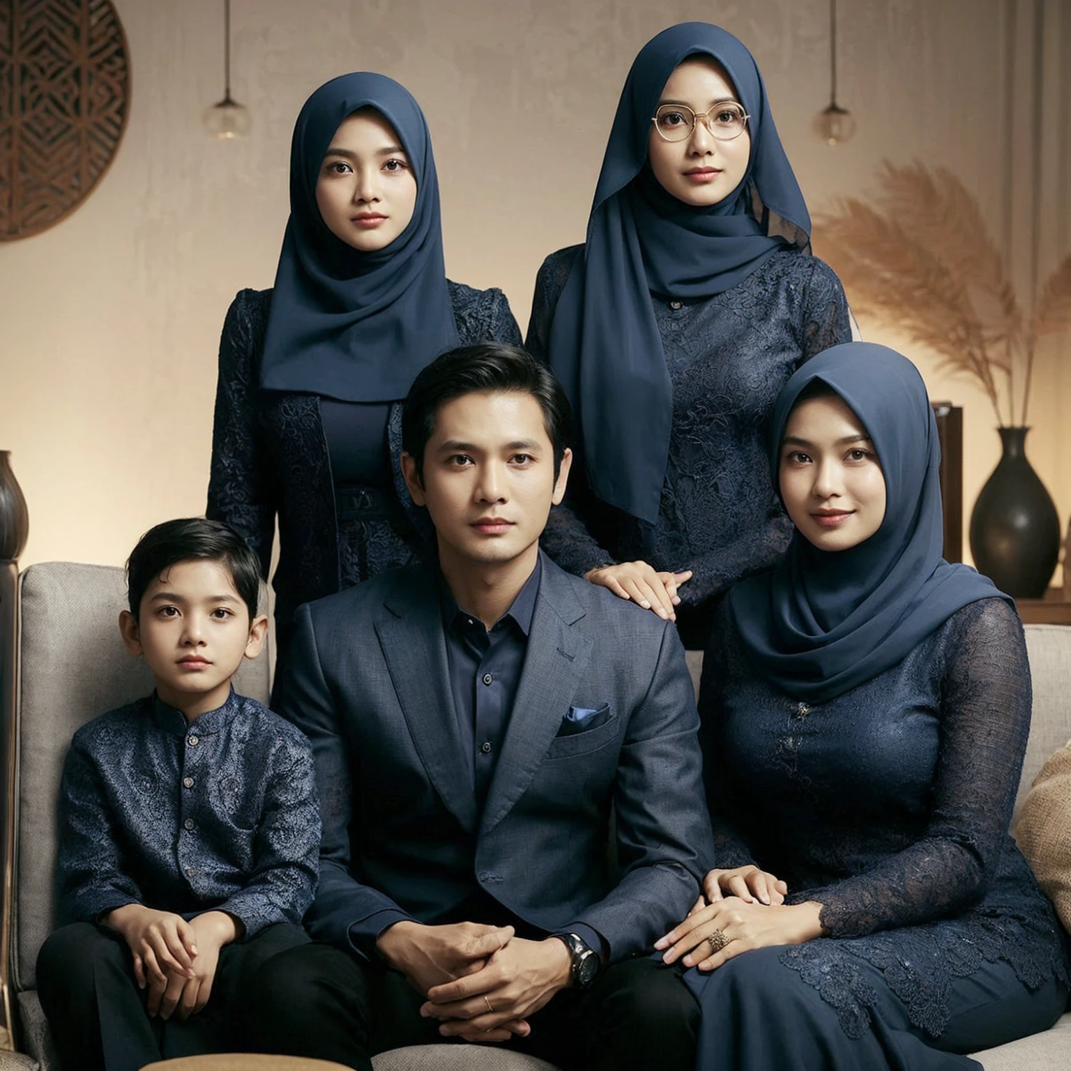 Photo studio, Indonesian family, close up. Father, 50 years old, with black hair and a smooth face (wearing a navy blue suit), Mother, 50 years old (wearing a navy blue kebaya, neat short hijab), two daughters aged 25 and 20 years (wearing navy blue kebayas, neat short hijabs), and a son, 10 years old (wearing a navy blue shirt). They are sitting on a sofa, with an elegant abstract wall background and a decorative table with a flower vase. Captured by a Sony camera, good lighting.