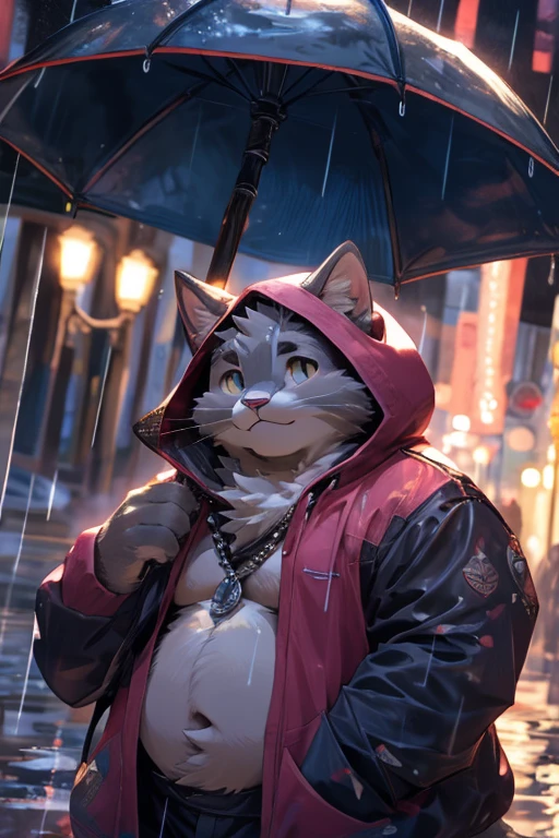grey cat,Holding an umbrella,outdoor,rain,Lovely,overweight,Hoodie,light,On a college campus,high quality,masterpiece,high-definition,