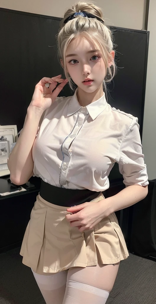 ((Top Best quality, 8k, Masterpiece :1.5)), Sharp focus :1.4, A 18 years old with perfect figure :1.6, Slender abs :1.3, korean , ((K-Pop idols)), 、((full body)), high resolution, Best quality, Works of masters, A high resolution, 1girl, Super beautiful face, super beautiful eye, Super beautiful platinum white mohawk hair, ((detailed face)), (detailed eyes)), (MagazineCover:1.2)，((detailed office uniform))，((detailed hand)), ((detailed clothing)), ((detailed white tight shirt)),((detailed mini short skirt)), ((detailed pantyhose)), ((airport nation)), Expose shoulders, accentuated super huge enormously gigantic nude  and nipples exposed 