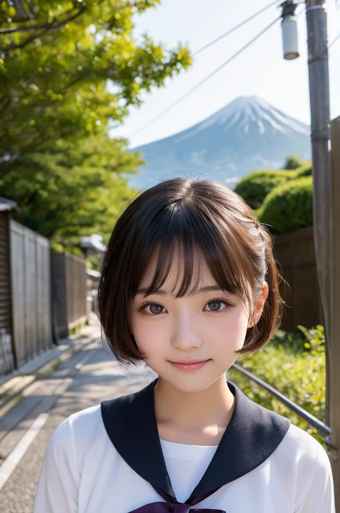 (1 Girl )、(Beautiful Japanese、18years old,round face、Refreshing、clear、seems kind、stylish、Pitiful、cute like an angel、cute、black eyes、,actress,Almond-shaped eyes,Translucent white skin、Beautiful skin), {(Japan human face:1.4),(General  features)} , (((Beautiful breasts:0.4))),(((soft breasts))),(very cute),(short hair),(enchanting eyes),(highlight on eyes:1.2)、(8K、Live shooting、highest quality、masterpiece:1.2、optimal lighting)、((masterpiece)),(Photo taken by a professional photographer),(real、photo real:1.4),BREAK,{(cute Japanese high school sailor uniform),((traditional Sailor Suit:1.0))},(cheeks are red:1.3), BREAK, BREAK,Face shot:1.3、 face close-up,Looking at viewer,smile、Japan,morning、、、Hair swaying in the wind:1.4,Beautiful Sunrise,View of the mountains in the distance