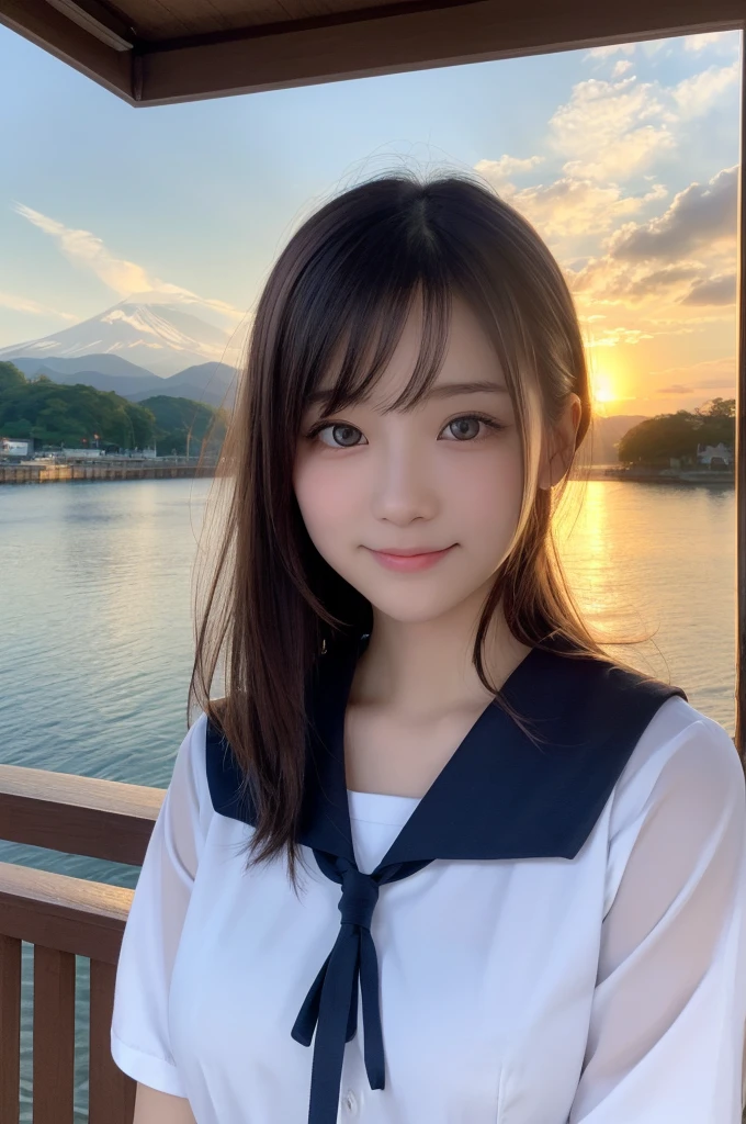 (1 Girl )、(Beautiful Japanese、18years old,round face、Refreshing、clear、seems kind、stylish、Pitiful、cute like an angel、cute、black eyes、,actress,Almond-shaped eyes,Translucent white skin、Beautiful skin), {(Japan human face:1.4),(General facial features)} , (((Beautiful breasts:0.4))),(((soft breasts))),(very cute),(short hair),(enchanting eyes),(highlight on eyes:1.2)、(8K、Live shooting、highest quality、masterpiece:1.2、optimal lighting)、((masterpiece)),(Photo taken by a professional photographer),(real、photo real:1.4),BREAK,{(cute Japanese high school sailor uniform),((traditional Sailor Suit:1.0))},(cheeks are red:1.3), BREAK, BREAK,Face shot:1.3、 face close-up,Looking at viewer,smile、Japan,morning、、、Hair swaying in the wind:1.4,Beautiful Sunrise,View of the mountains in the distance