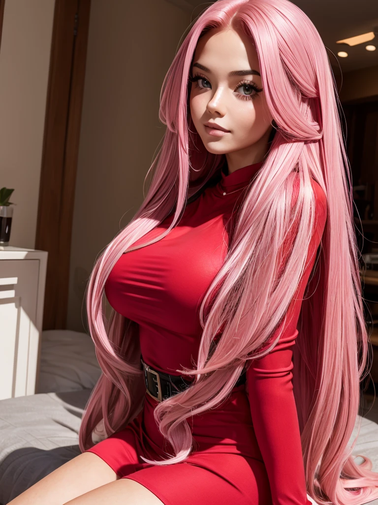 beautiful girl pink long hair . sexy red outfit