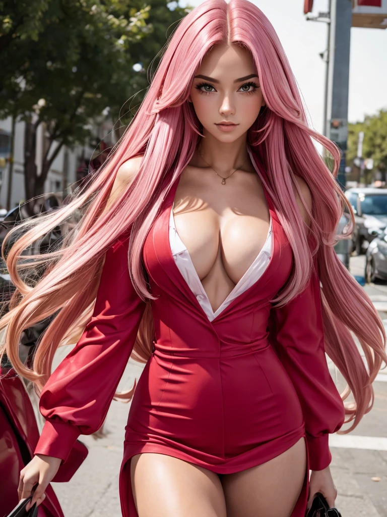 beautiful girl pink long hair . sexy red outfit