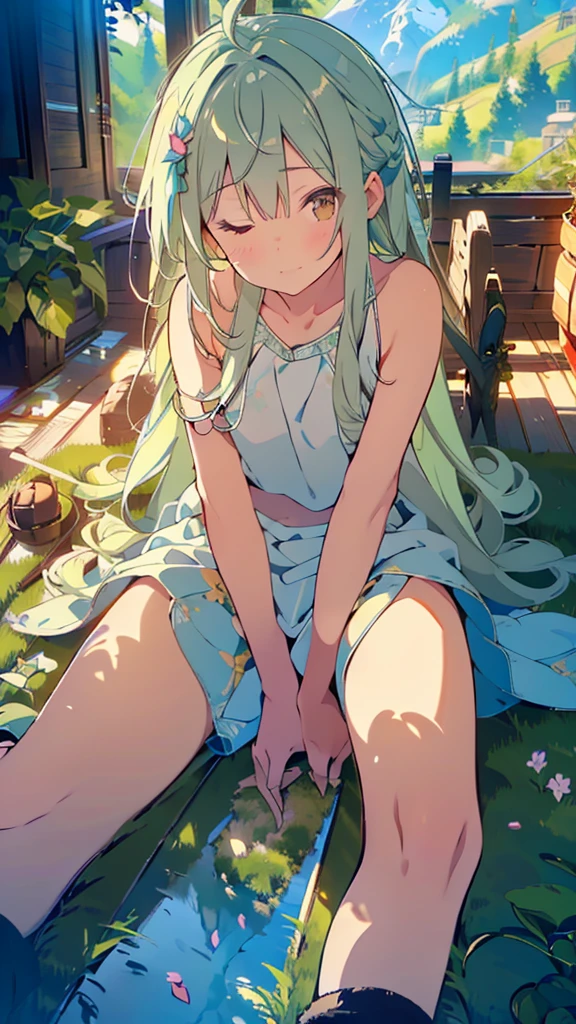 Ultra high precision、high resolution、(Naked girl sitting on the floor with her legs spread apart:1.4)、Pretty face、silver hair、pubic hair is growing、 ((While crying))、smaller breasts、empty eyes　((white mucus dripping from genitals))..、In the ruins、(Light green short-sleeved dress with frills and sailor collar:1.4)、、