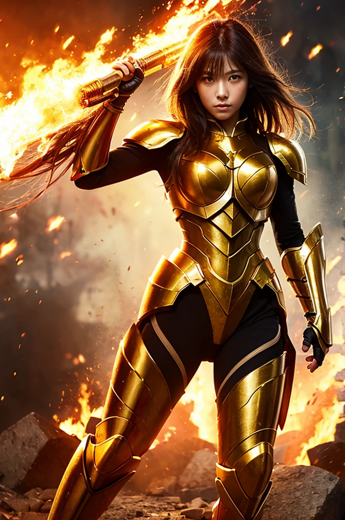 (masterpiece), (Highest quality), (1 Girl), Girl in golden armor, Cool pose, Battlefield Background, Fire background, Saint Seiya Armor, Messy Hair, Broken Armor, Tattered clothes