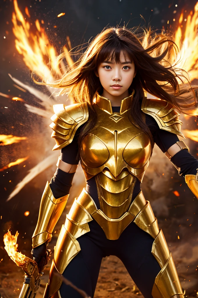 (masterpiece), (Highest quality), (1 Girl), Girl in golden armor, Cool pose, Battlefield Background, Fire background, Saint Seiya Armor, Messy Hair, Broken Armor, Tattered clothes