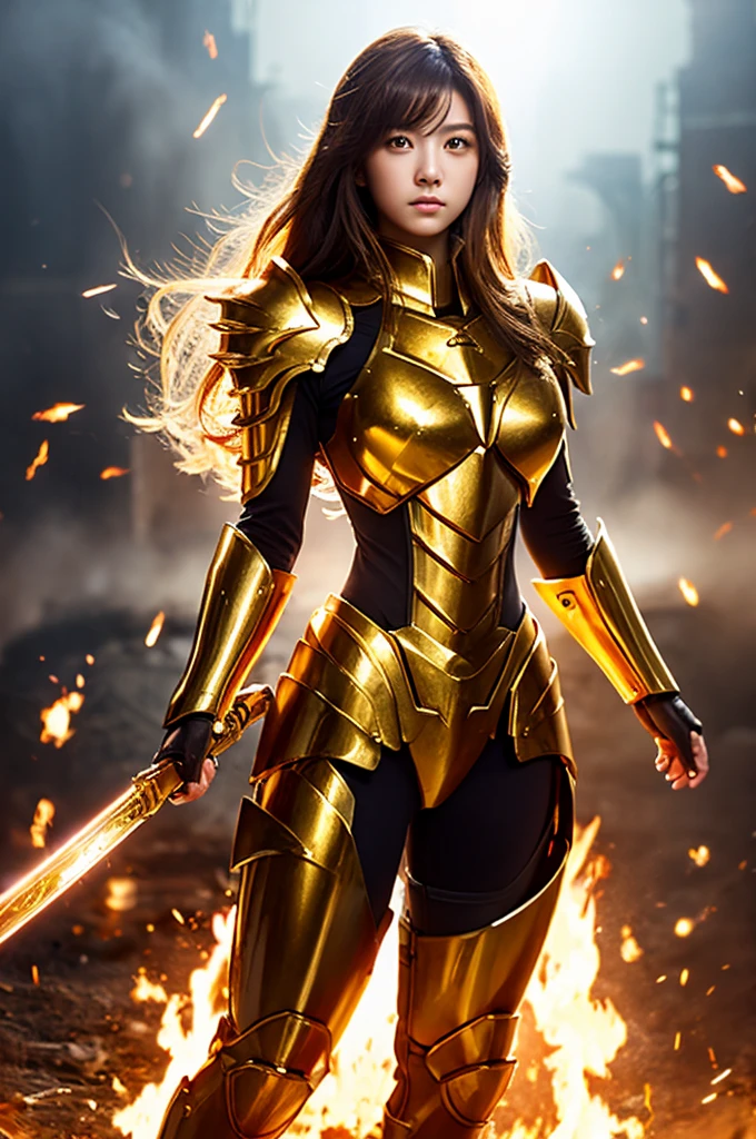 (masterpiece), (Highest quality), (1 Girl), Girl in golden armor, Cool pose, Battlefield Background, Fire background, Saint Seiya Armor, Messy Hair, Broken Armor, Tattered clothes