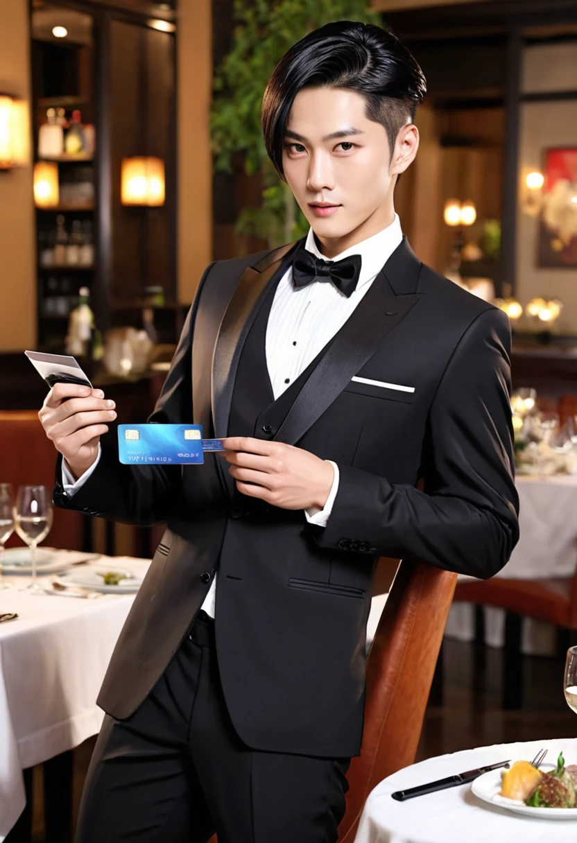 AI big breasts_human　Asian　male性　　male　wild　Short Hair　Short Hair　Formal attire　Fine dining background　holding credit card