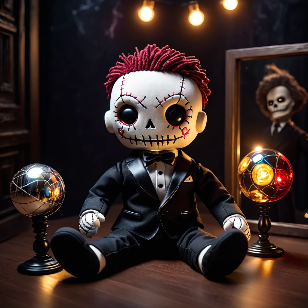 (knitted toy voodoo doll: 1.6), (Voodoo Dark Master of Illusions: 1.3), (clothes Black suit with silver threads, mask: 1.0), (Mirror, magic balls: 1.1) (against the background Dark hall with reflective surfaces and flickering lights: 1.3), best quality, masterpiece, detailed soft oil painting, detailed background, dramatic cinematic lighting, soft edge lighting, professional, dramatic lighting, hard edge lighting, ultra quality, 4k, masterpiece, best quality, 8k, ultra high definition, high resolution, extremely detailed