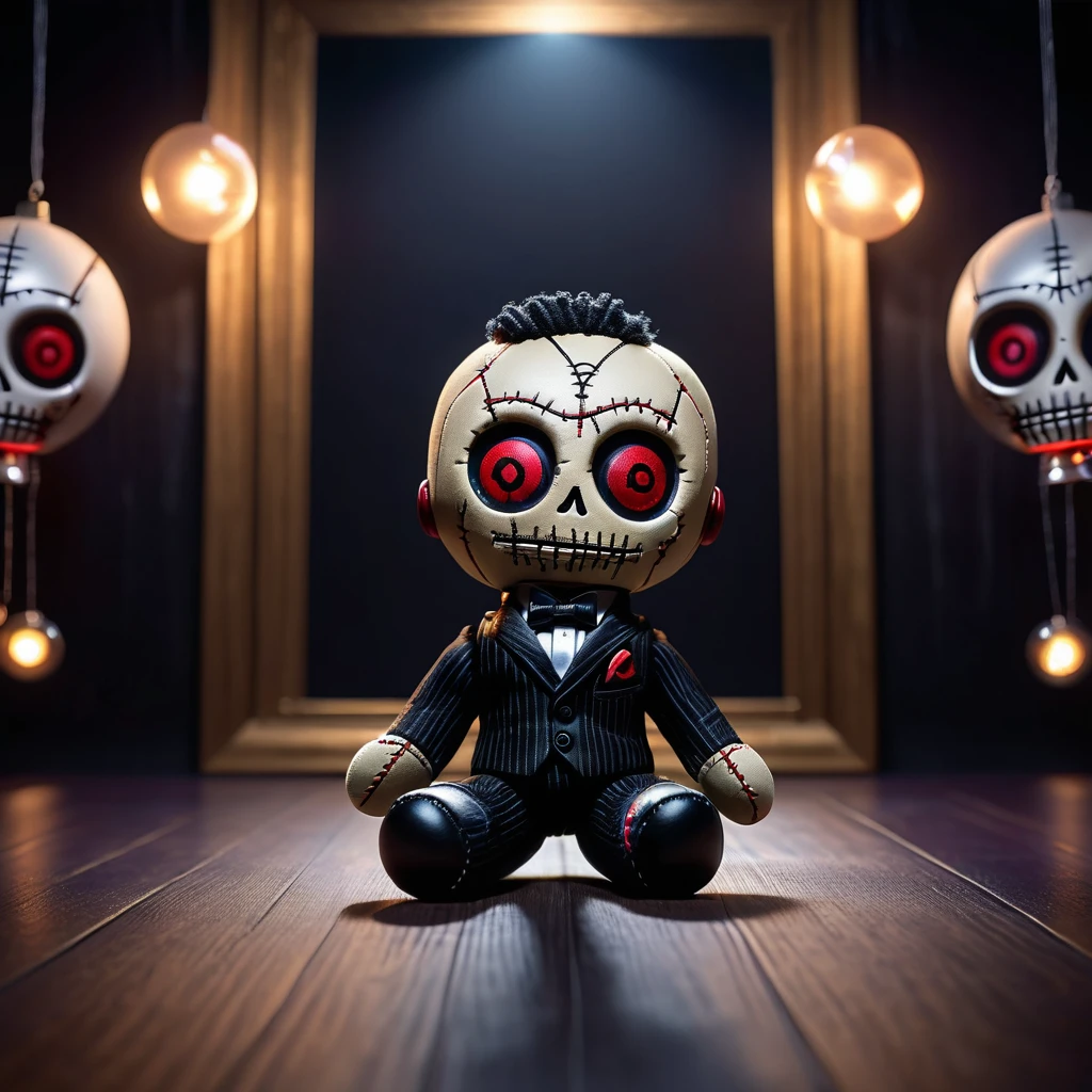  puppet with white face, orange eyes, a smile, black suit with a red bow and white buttons, five night at freddy&#39;s version