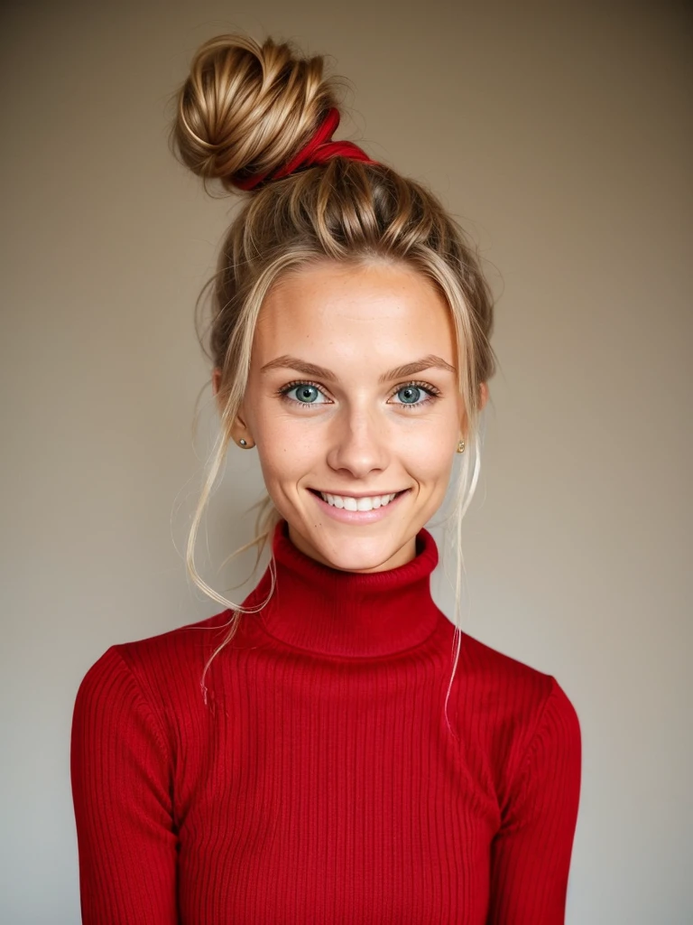 photo of a skinny blonde teen submissive wife messy long hair thrown into a messy bun ponytail. She wears: (turtleneck high ribbed bright tight red sweater:1.1), submissive seductive pose, high tight ribbed neck, seductive smile, perfect fake tits, turtleneck top