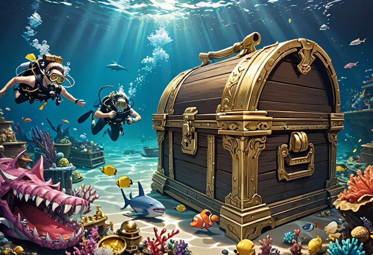 mimic, sunken ship on the ocean floor、A monster disguised as a treasure chest、The amount of jewelry overflowing from the box々、(Divers exploring)、Reality、Fantasy、