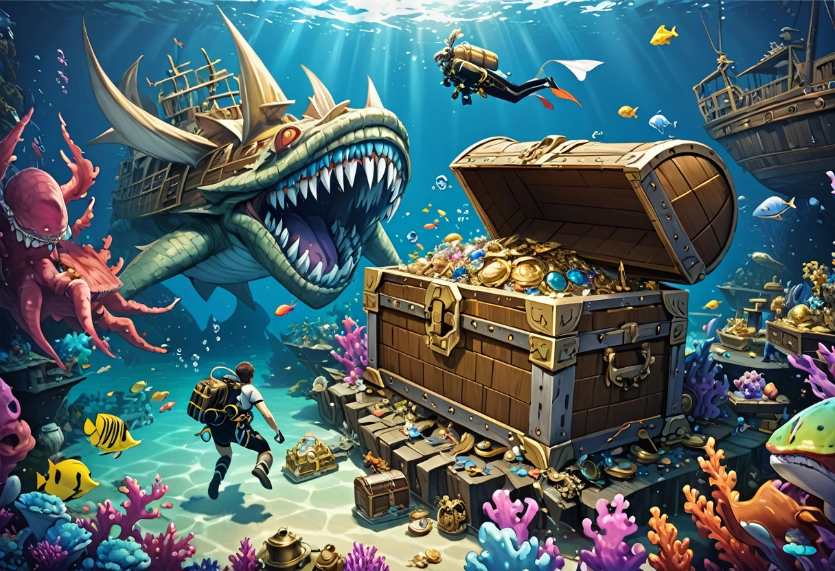 mimic, sunken ship on the ocean floor、A monster disguised as a treasure chest、The amount of jewelry overflowing from the box々、(Divers exploring)、Reality、Fantasy、