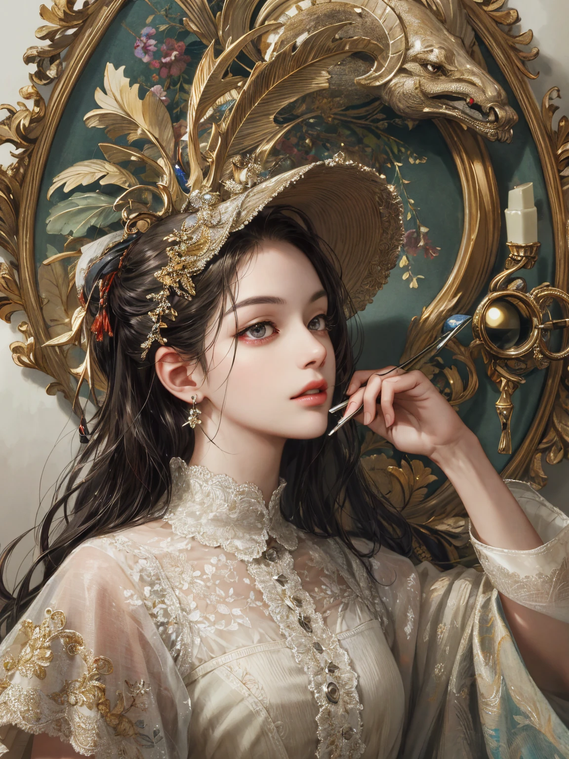 (masterpiece, top quality, best quality, official art, beautiful and aesthetic:1.2), (1girl), extreme detailed,colorful,highest detailed, official art, unity 8k wallpaper, ultra detailed, beautiful and aesthetic, beautiful, masterpiece, best quality, (zentangle, mandala, tangle, entangle) ,holy light,gold foil,gold leaf art,glitter drawing, PerfectNwsjMajic