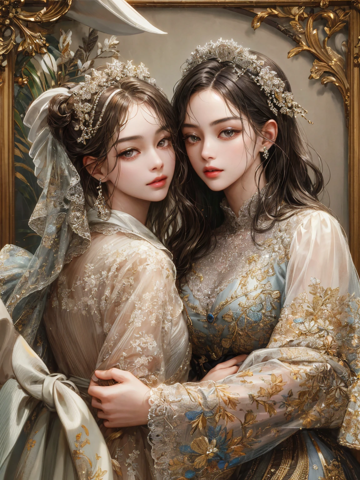 (Absurdly , high quality , masterpiece , Extremely detailed), ( Detailed mastery ) (Meticulous down to the eyes) (Face in detail) , Couple, 1 man (#13: Short Black Hair with Soft Bangs, 3. No bangs on the sides:7. Ratio) (Gray eyes) and 1 female (Brown long hair,With bangs) like ,beautiful eyes (Brown eyes) , The man is the president,Women are worth a fortune