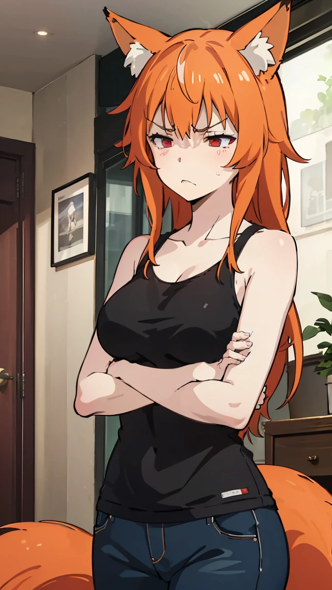 1girl, v-shaped eyebrows, wild long hair, orange hair, red eyes, fox ears, large breast, annoyed face, wallpaper, landscape, depth of field, morning, living room, glance left, crossed arms, light particles, light rays, sidelighting, (black tanktop:1.2),  