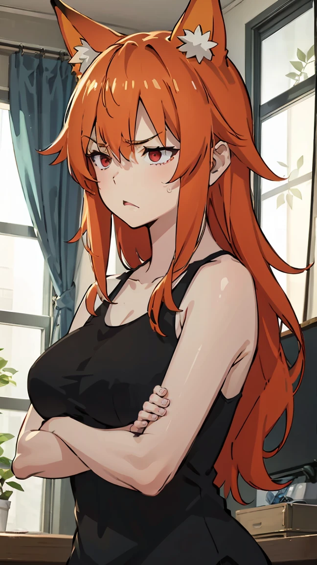 1girl, v-shaped eyebrows, wild long hair, orange hair, red eyes, fox ears, large breast, annoyed face, wallpaper, landscape, depth of field, morning, living room, glance left, crossed arms, light particles, light rays, sidelighting, (black tanktop:1.2),  